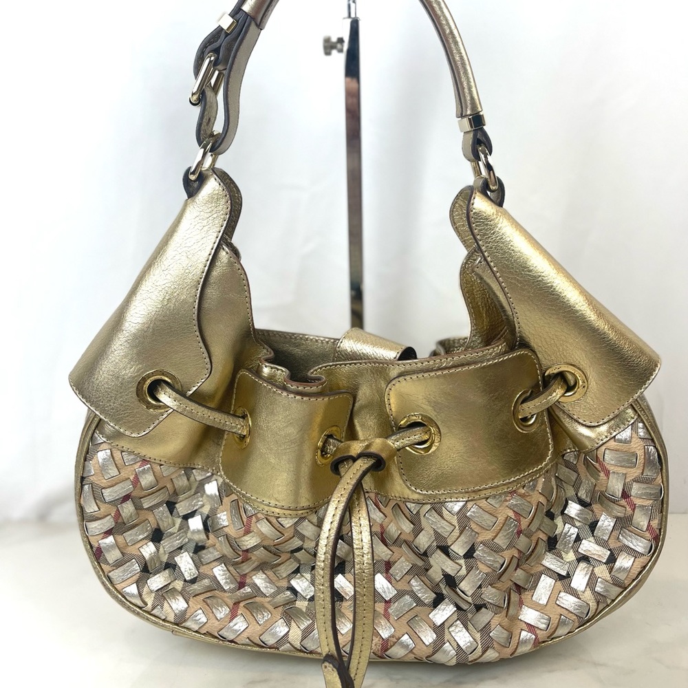 BURBERRY Metallic Gold /Beige Woven Nova Check PVC and Leather Warrior Hobo